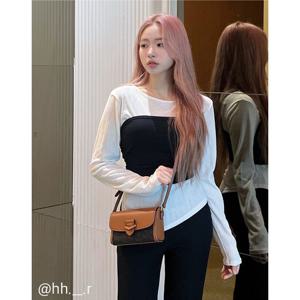 [로젤라칠링]브라운 패턴배색 가죽 미니크로스백 JAWA4F383W2