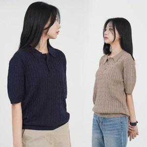 [화이트빌딩]베이직 반팔 카라 티셔츠 여성 반팔티 케이블 꽈베기