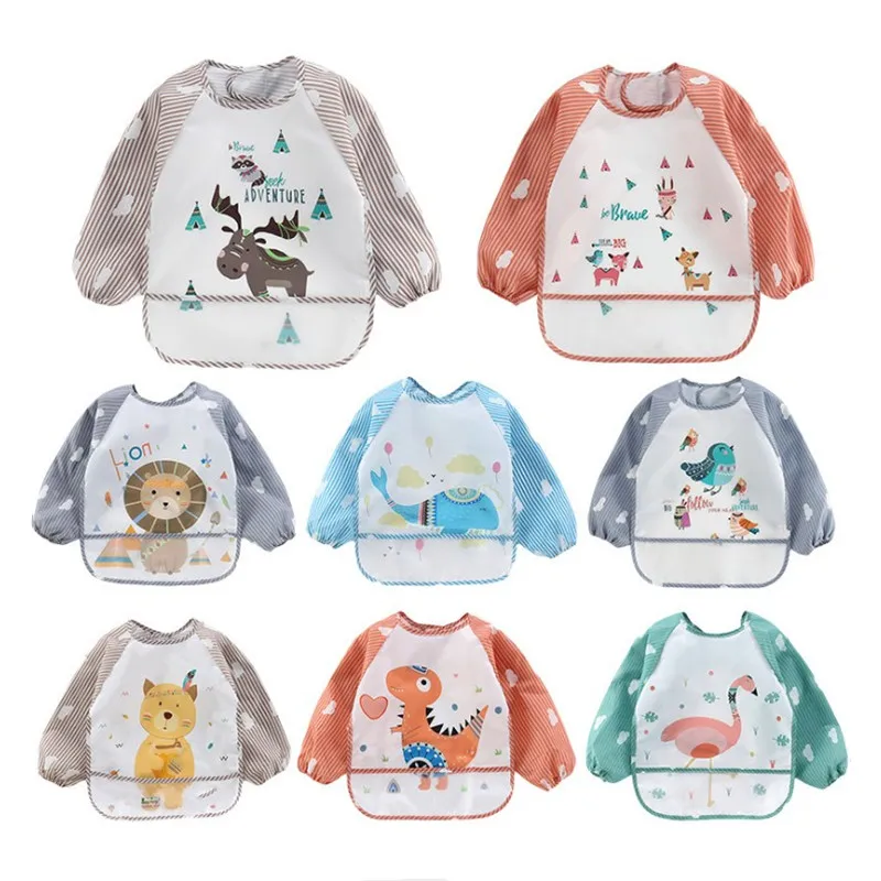 아기 긴 소매 스카프 방수 유아 아트 작업복 먹이 턱받이 앞치마 포켓 유아 소년 소녀 Burp Cloth Banana Bibs for1-3Year