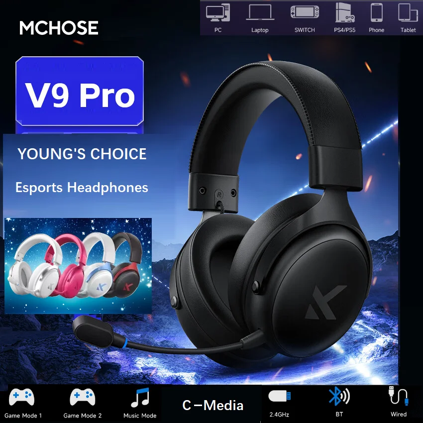 기존 MCHOSE V9Pro 음악 Esports 게임용 헤드폰 3 모드 무선 소음 감소 마이크 맞춤형 헤드 장착형 PC 액세서리