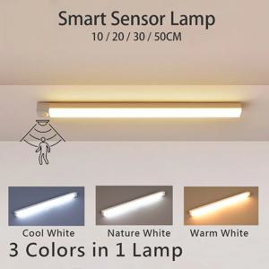 모션 센서 무선 LED 야간 조명, USB 충전식 긴 스트립 바 램프, 주방 캐비닛 옷장 침대 옆 계단 튜브
