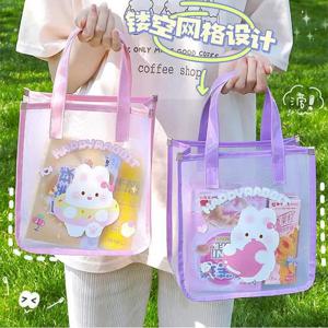 귀여운 투명 캐주얼 곰 모티프 젤리 비치 핸드백 여성용 나일론 소재 학생용 가방 한국 만화 스타일