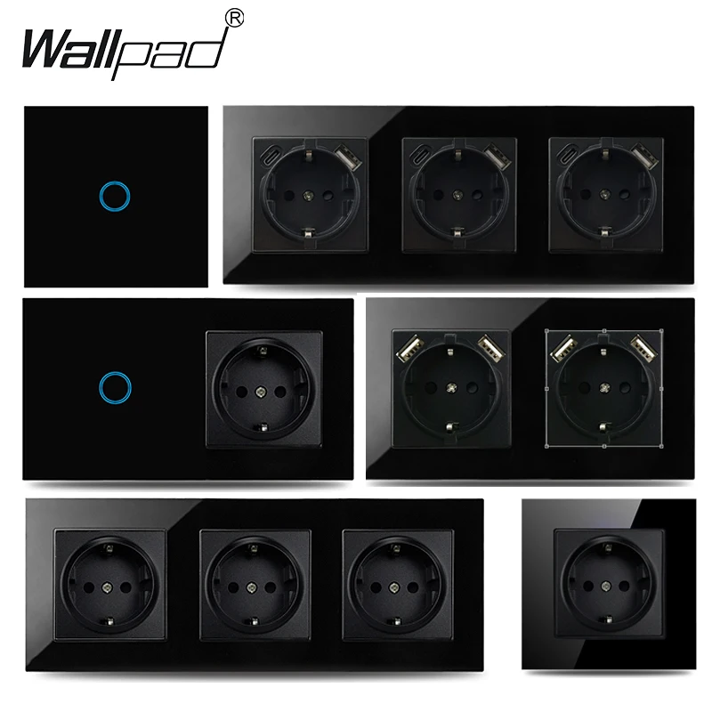 EU USB TypeC 더블 트리플 벽 소켓이있는 터치 라이트 스위치 블랙 Led 스위치 크리스탈 다크 백라이트 전기 콘센트 16A
