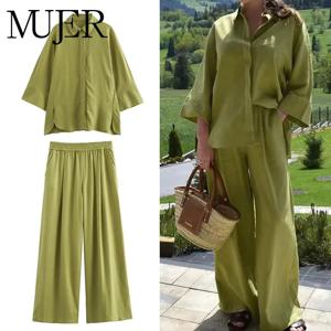 MUJER 2025 여성 바지 세트 오버사이즈 캐주얼 셔츠 패션 린넨 세트 여성 투피스 와이드 레그 배기 팬츠 슈트 여름 의상