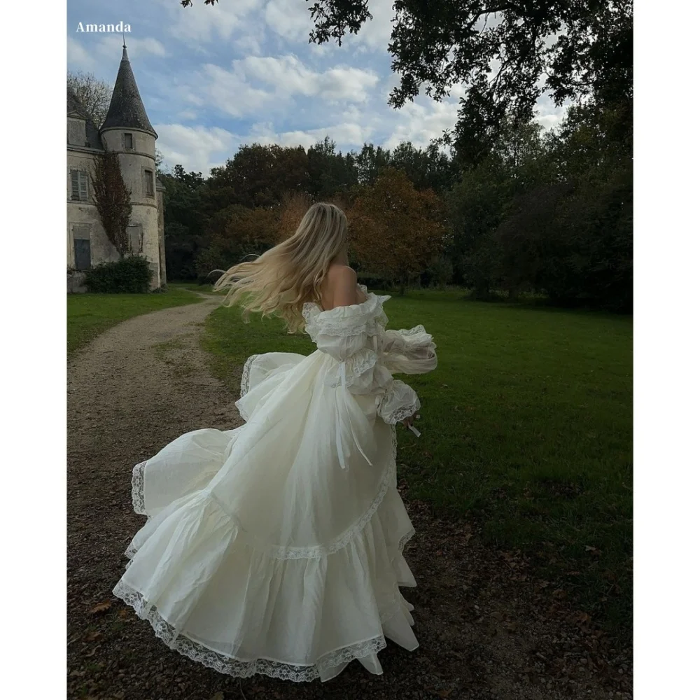 아만다 맞춤형 화이트 원 숄더 긴 소매 댄스 파티 드레스 Organza vestidos de noche 바닥 길이 A 라인 정장 이브닝 2025