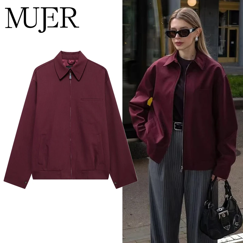 MUJER 여성용 지퍼 폭격기 재킷 가을 겉옷 오버코트 여성 긴 소매 루즈 자켓 여성 코트 레트로 여성 자켓