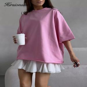 Hirsionsan 여성용 캐주얼 오버사이즈 티셔츠, 100% 코튼 핑크 루즈 티, 2025 신상 캐주얼 솔리드 O넥, 미적인 상의