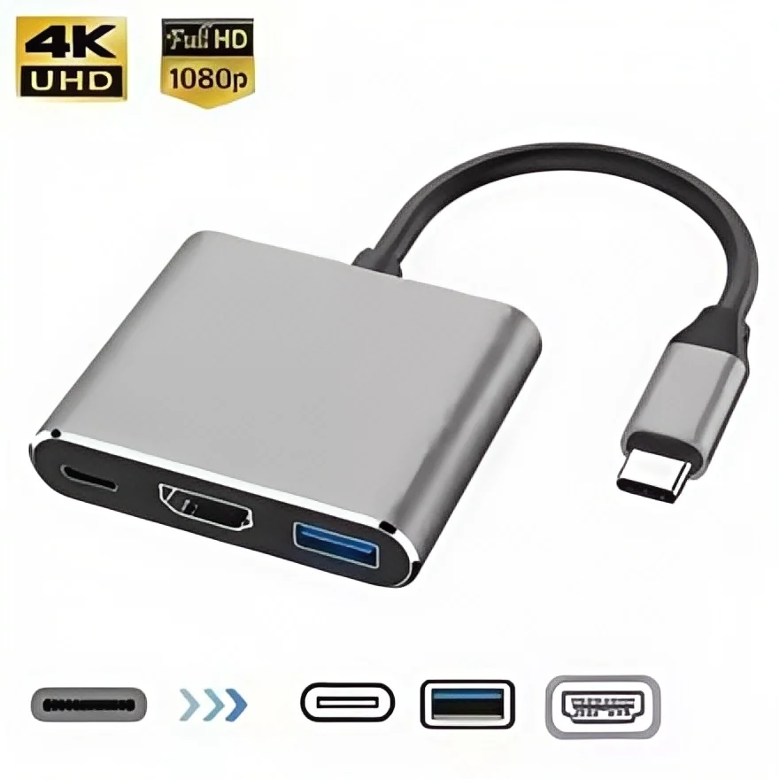 USB C 허브 어댑터 4K HDMI, 3-in-1 USB C 남성-여성 컨버터 (USB 3.0 및 MacBook Air 12 충전 기능 포함)