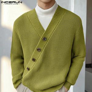 INCERUN 세련된 남성 상의, 텍스처 대각선 스웨터, 캐주얼 스트리트웨어, 솔리드 브이넥 긴팔 스웨터, S-5XL 2024, 핫 세일, 가을
