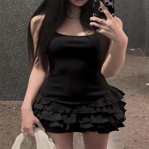 여성을위한 세련된 Y2K 민소매 미니 드레스 여름 검은 드레스 섹시한 Clubwear 파티 슬림 맞는 프릴 Pleated 짧은 드레스