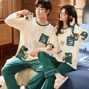 한국 남성 잠옷 세트 코튼 여성 잠옷 세트 가을 잠옷 캐주얼 Loungewear hombre Mujer 홈 의류 잠옷 정장