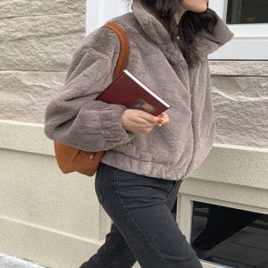 여성용 짧은 인조 모피 플러시 코트, 슬림 오버코트, 두껍고 따뜻한 외투, 스탠드 칼라, 한국 스타일, 가을, 겨울
