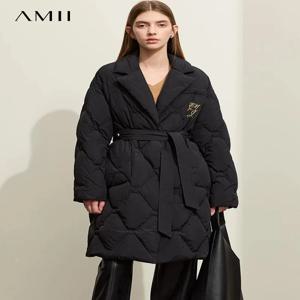 AMII 여성용 미니멀리즘 블레이저 칼라 다운 재킷, 2023 겨울 경량 보온 벨트, 다이아몬드 솔리드 코트, 여성 12344061