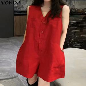 2025 VONDA 여성 여름 짧은 점프 슈트 섹시한 민소매 Rompers 캐주얼 루즈 패션 V 넥 포켓 솔리드 Playsuits 오버올