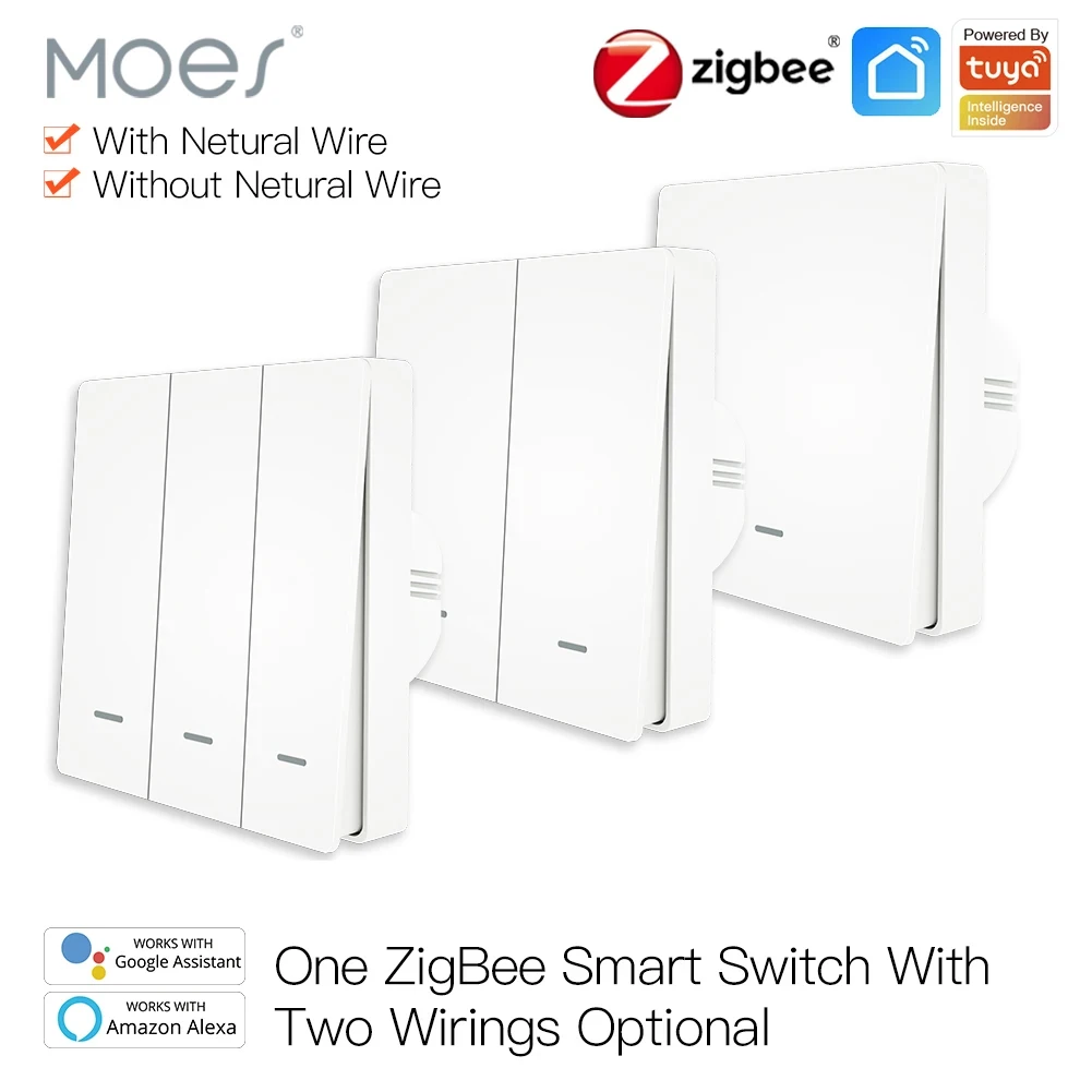 MOES Tuya ZigBee 스마트 라이트 스위치 중성선 없음 커패시터 필요 없음 스마트 라이프 2/3 웨이 Alexa Google Home 2mqtt와 함께 작동