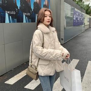 여성용 스플라이스 퍼 칼라 따뜻한 패딩 코튼 재킷 코트, 중간 길이 코트, 느슨한 마름모 빵 옷, 가을, 겨울, 2025