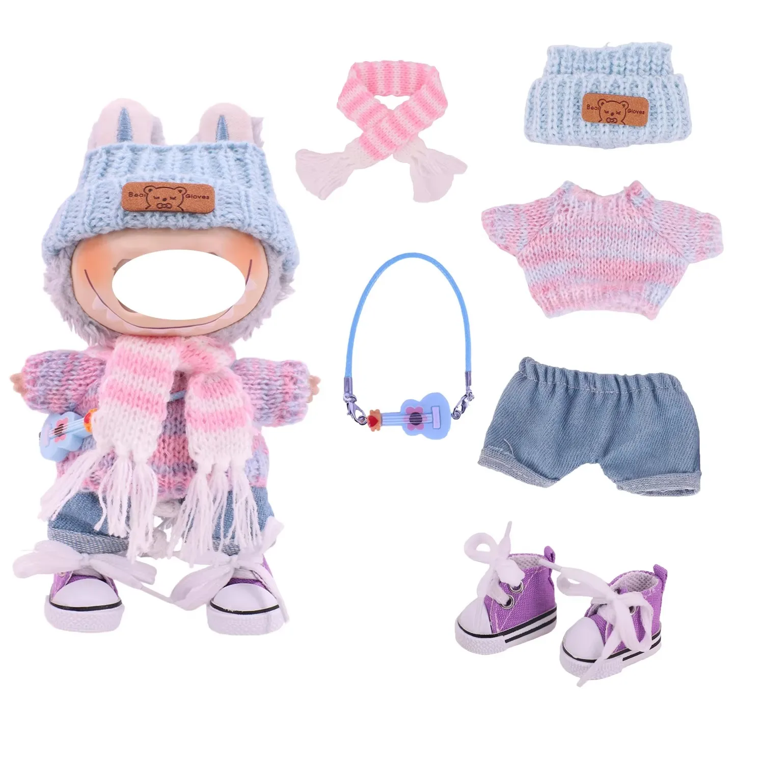 17CM Labubu 의류 모자, 스카프, 스웨터, 신발 6 개/대 유니버설 액세서리 용 인형 옷