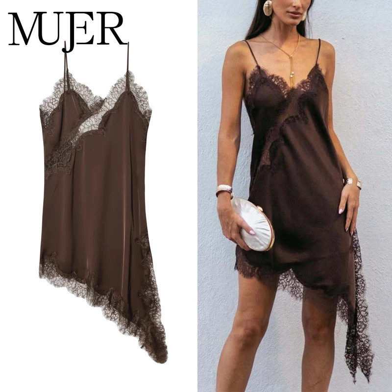 MUJER 레이스 슬립 미니 드레스 여성 새틴 백리스 여름 드레스 여성 비대칭 파티 여성 드레스 여성용 섹시한 비치 드레스