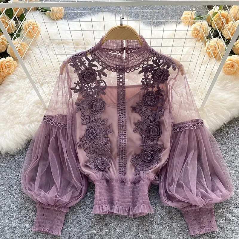 레이스 퍼프 긴 소매 블라우스 빈티지 패션 블라우스 우아한 femme blusas 한국 여성 탑 여성 셔츠 의류 dropshipping