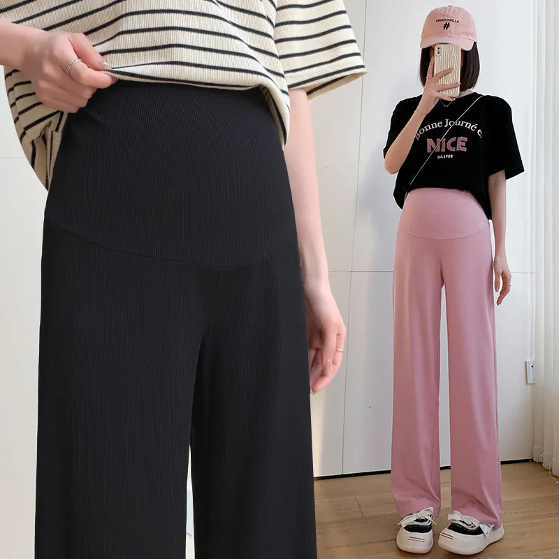 임산부 와이드 레그 임신 바지, 세로 줄무늬 바지, 임산부 의류