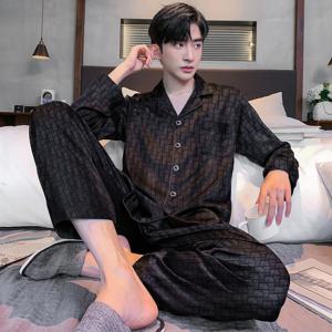 플러스 사이즈 남성용 긴팔 잠옷 세트, 실크 자카드 패턴, 프리미엄 블랙 세트 라펠 탑, 긴 바지, 잠옷 라운지웨어