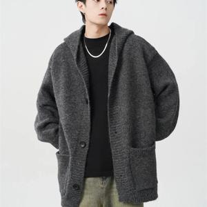 봄 회색 모직 니트 카디건 후드 스웨터 남성용 주머니 한국 패션 니트 자켓 Y2K 빈티지 점퍼 Hombre