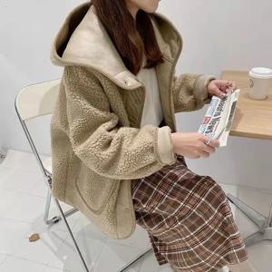 여성용 램스울 코트, 두꺼운 파카, 따뜻한 코트, 한국 솔리드 싱글 브레스트 후드 상의, 루즈한 재킷, 스플라이스 정사이즈, 겨울