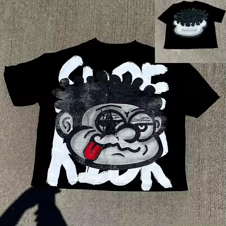 2025 빈티지 빅 페이스 그래픽 프린트 코튼 티셔츠 남성 Y2K 여름 반팔 빈티지 오버 사이즈 Tshirt streetwear 여성상의