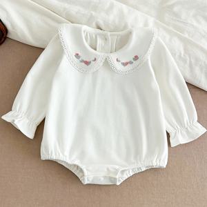여아용 자수 칼라 롬퍼, 유아 의류, 코튼 화이트, 용수철 점프수트, 0-24M