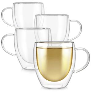 250/350/450ml 손잡이가있는 유리 커피 머그잔 차가운 물 또는 뜨거운 물 주스 우유 커피 위스키 용 이중 벽 붕규산 유리 컵