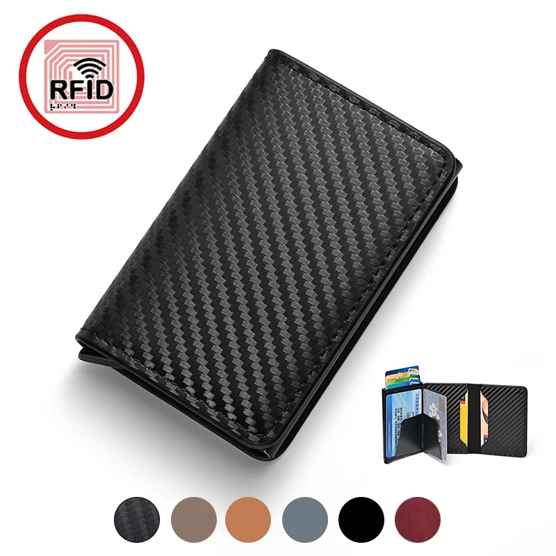 자동 팝업 카드 케이스 RFID 보호 기능 - 남성용 슬림 도난 방지 카본 파이버 지갑, 신분증, 신용카드 및 현금 보관용