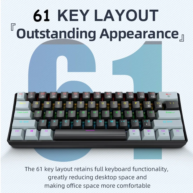 61 키 기계식 키보드 유선, APAYADO K61 RGB 60% 휴대용 미니 키보드 검정, 흰색, 게임용 빨간색/파란색 스위치