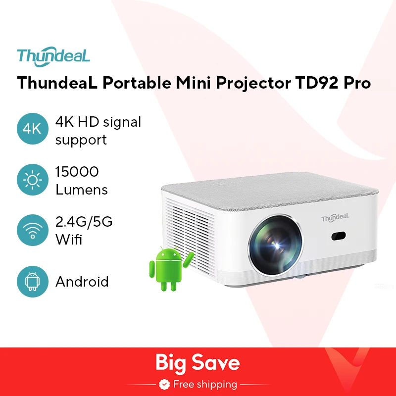 ThundeaL 휴대용 미니 프로젝터, FHD 1080P 풀 HD 빔, 4K 비디오, 와이파이, 안드로이드 프로젝터, TD92 프로, 3D 영화, 홈 시어터