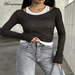 Hirsionsan 여성용 캐주얼 패치워크 스키니 티셔츠, 모달 소프트 긴팔 티, 2025 캐주얼 여성 미적인 상의, 여름 신상