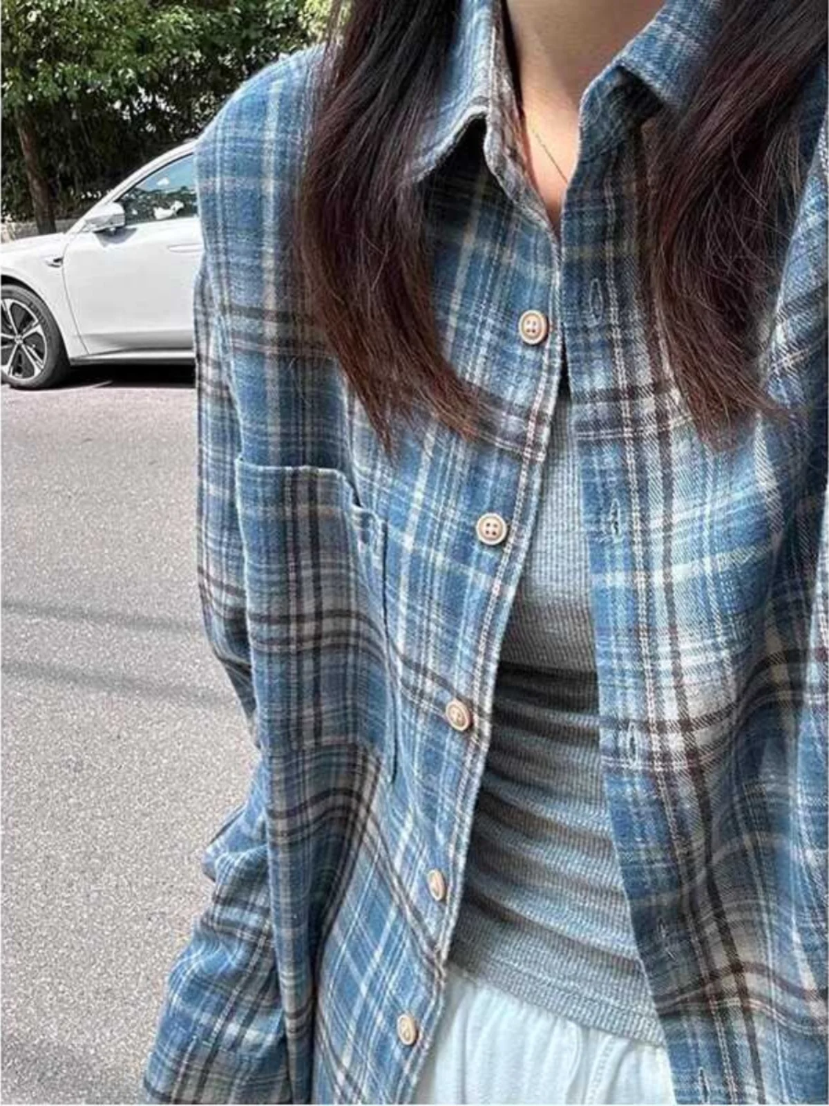 한국식 배색 체크 긴팔 셔츠 루즈핏 남녀 빈티지 레이지 스타일 탑 커플 캐주얼 트렌드 봄 가을