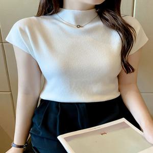 여성 여름 섹시한 니트 터틀넥 민소매 티셔츠 탑 솔리드 슬림 피트 풀오버 인과 티셔츠 여성 streetwear 기본 티셔츠