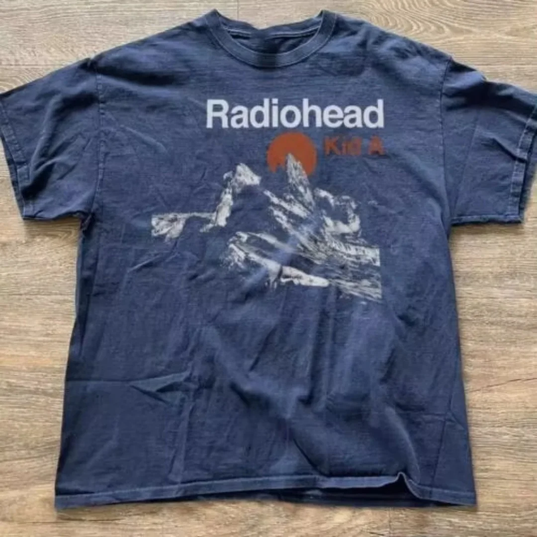 Radiohead Kid A 앨범 투어 희귀 네이비 블루 티셔츠 반소매 티셔츠 남성 여성 같은 고품질 코튼 여름