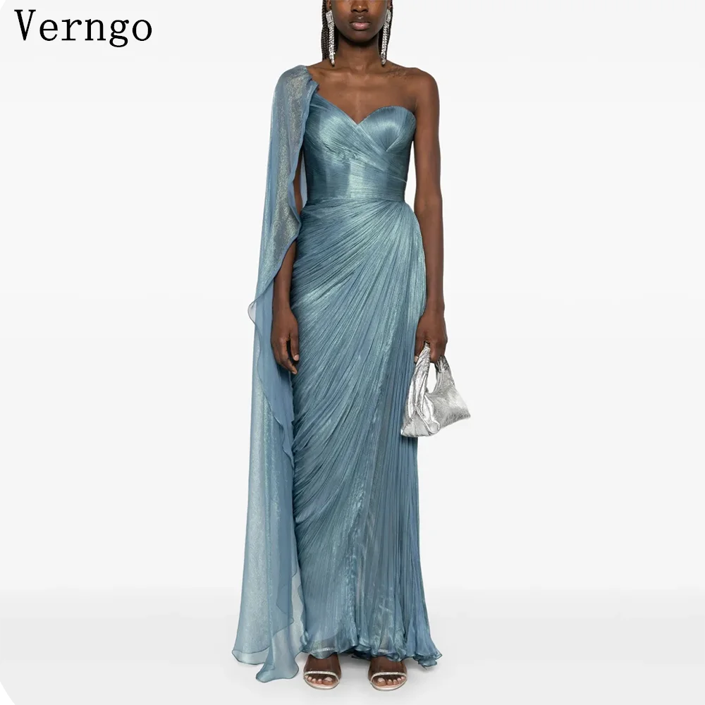 Verngo 블루 쉬폰 반짝이는 이브닝 원피스, 원 숄더, A 라인 슬림 무도회 가운, 우아한 바닥 길이 파티 원피스, 맞춤형