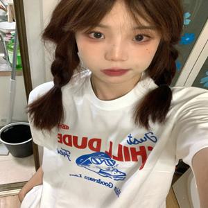 여름 신선한 인쇄 여성 티셔츠 화이트 샌드위치 키즈 만화 캐주얼 하이 엔드 느낌 탑 트렌디 코튼 00% 소재