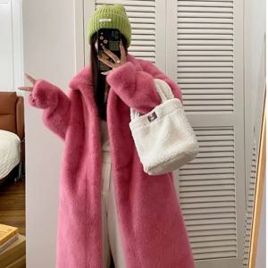 여성 핑크 두꺼운 가짜 모피 자켓 Colorblock 가을 겨울 맥시 코트 긴 따뜻한 럭셔리 벨트 모피 파카 Bontjas 모피 겉옷