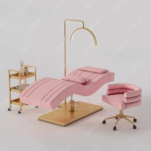 신상 디자인 살롱 가구 핑크 가죽 골드 베이스 눈썹 마사지 침대 고급 뷰티샵 장비