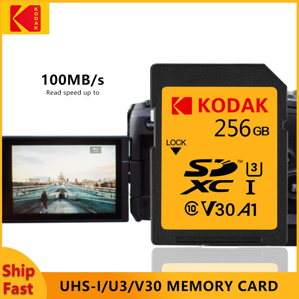 KODAK SD 메모리 카드, 고속 클래스 10, 256GB, 128GB, 64GB, V30 카드, 카메라용 풀 사이즈 SD 카드