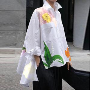 Modigirl Womens Flower 프린트 셔츠 블라우스 Elengant 2025 가을 여름 봄 오리지널 의류 여성용 클래식 화이트 탑