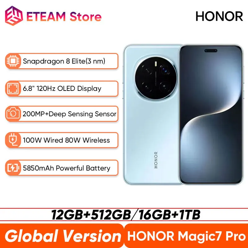 글로벌 버전 Honor Magic7 Pro 5G 스마트폰 스냅드래곤 8 엘리트 6.8인치 120Hz OLED 디스플레이 100W 고속 충전 200MP IP68&IP69 eSIM
