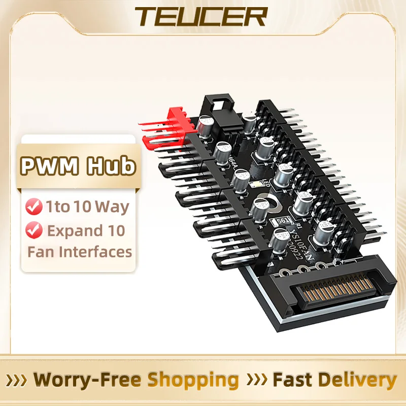 TEUCER 10 포트 PC 케이스 팬 허브 12V 4Pin PWM 컨트롤러 SATA 전원/대형 4P 분배기 마더보드 쿨러 냉각 팬 케이블