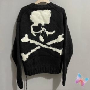남녀공용 아메리칸 하이 스트리트 라운드 넥 니트 스웨터, 블랙 스켈레톤 본 프린트 리본, MMJ 스웨터