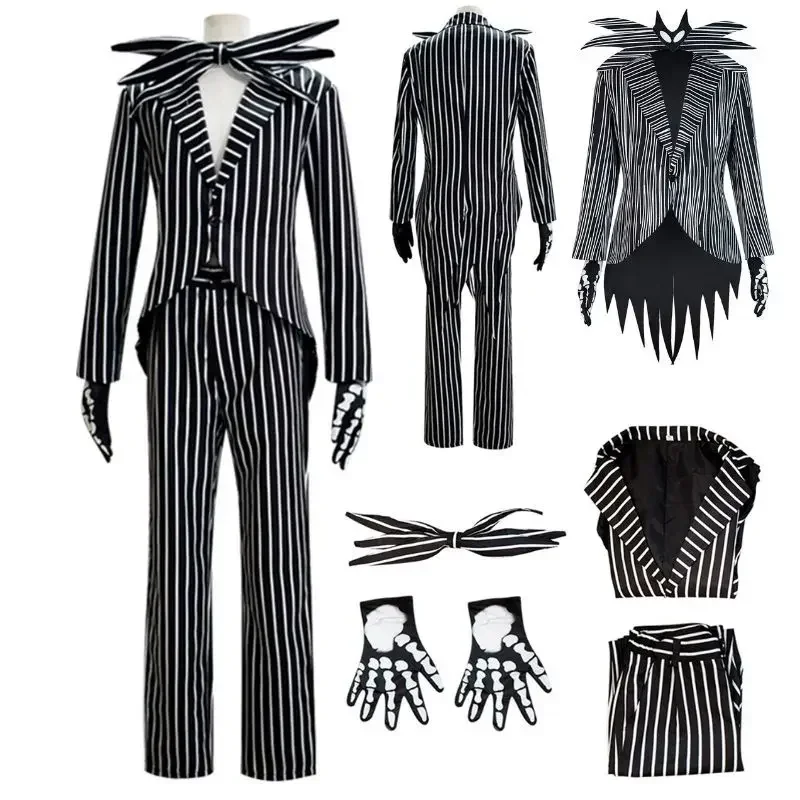 잭 코스프레 Skellington 코스프레 의상 성인 남성을위한 환타지아 자켓 바지 복장 남자 할로윈 카니발 파티 변장 양복