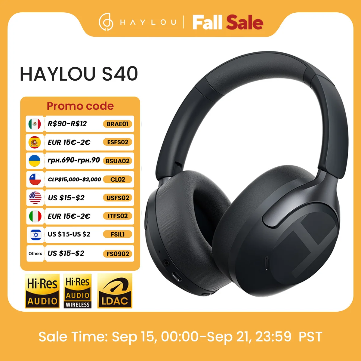 HAYLOU S40 ANC 무선 헤드폰 50dB 노이즈 캔슬링 Hi-Res 3D 공간 오디오 이어폰 LDAC 블루투스 6.0 오버이어 헤드셋