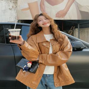 캐러멜 브라운 루즈 플러스 사이즈 Fce Jaet PU 가죽 탑 소형 가을 Faion Gentle Women's Biker Jaet Outerwear