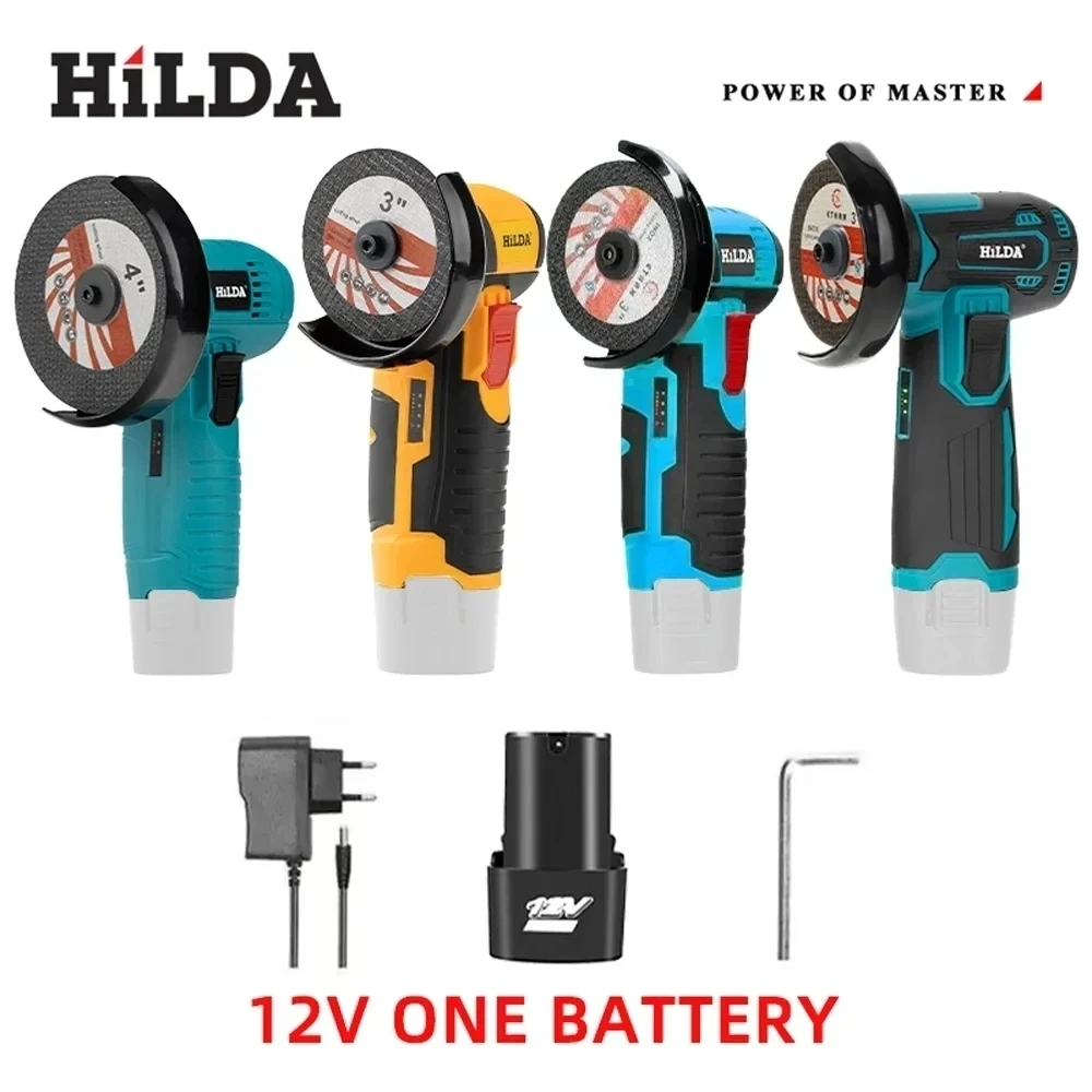 HILDA 12V 3/4 인치 리튬 전기 앵글 그라인더 폴리싱 머신 브러시리스/브러시 미니 커팅 머신 충전식 배터리
